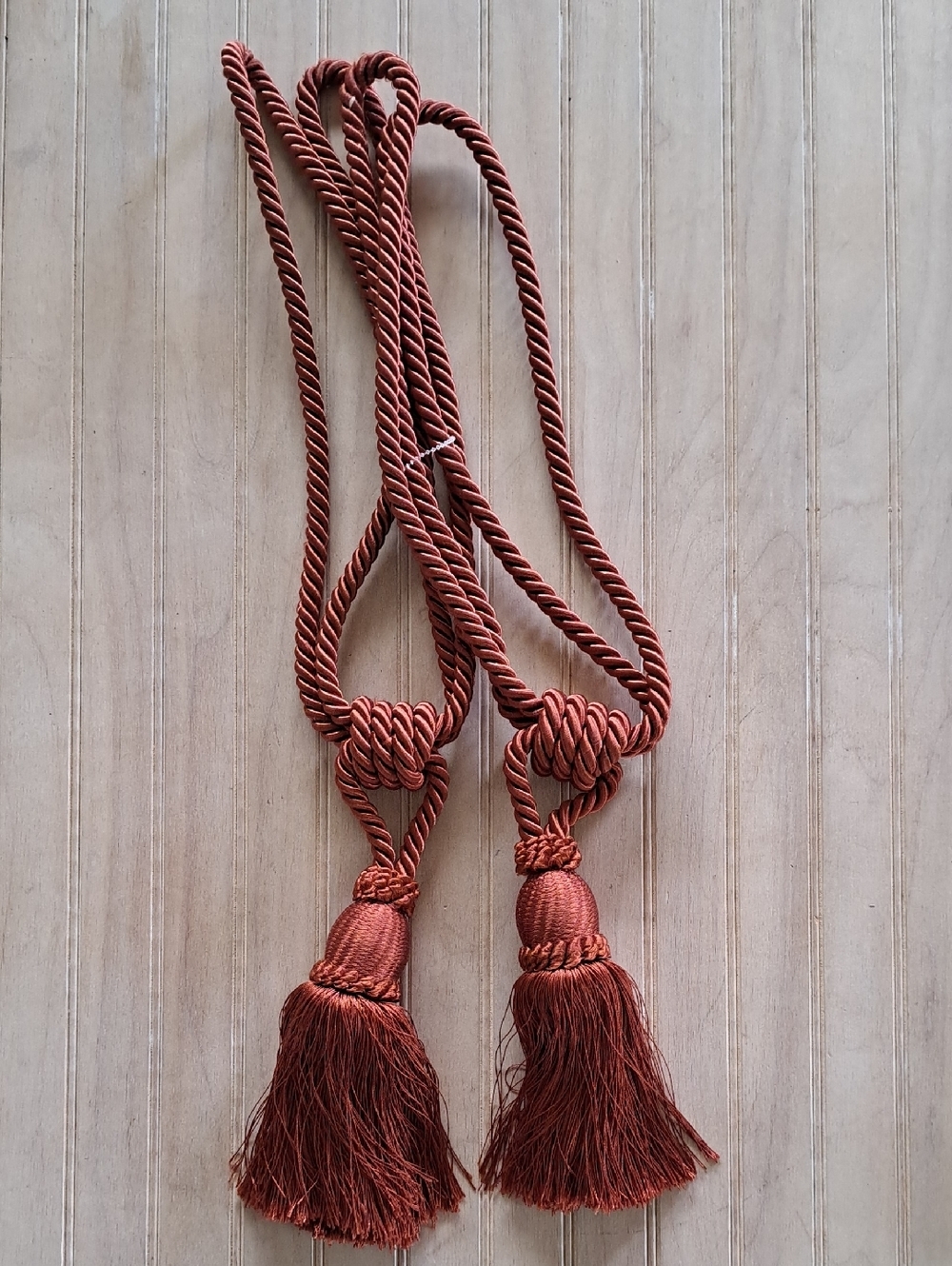 NEW Set of 2 Decorative Curtain Tiebacks Tassels Rust Burnt Orange Rope Boho